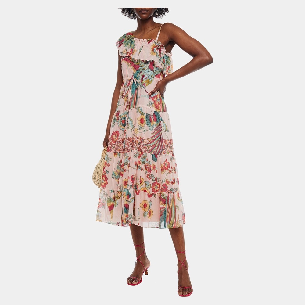 RED Valentino Bird and Floral Print Midi Dress in Pink and Green